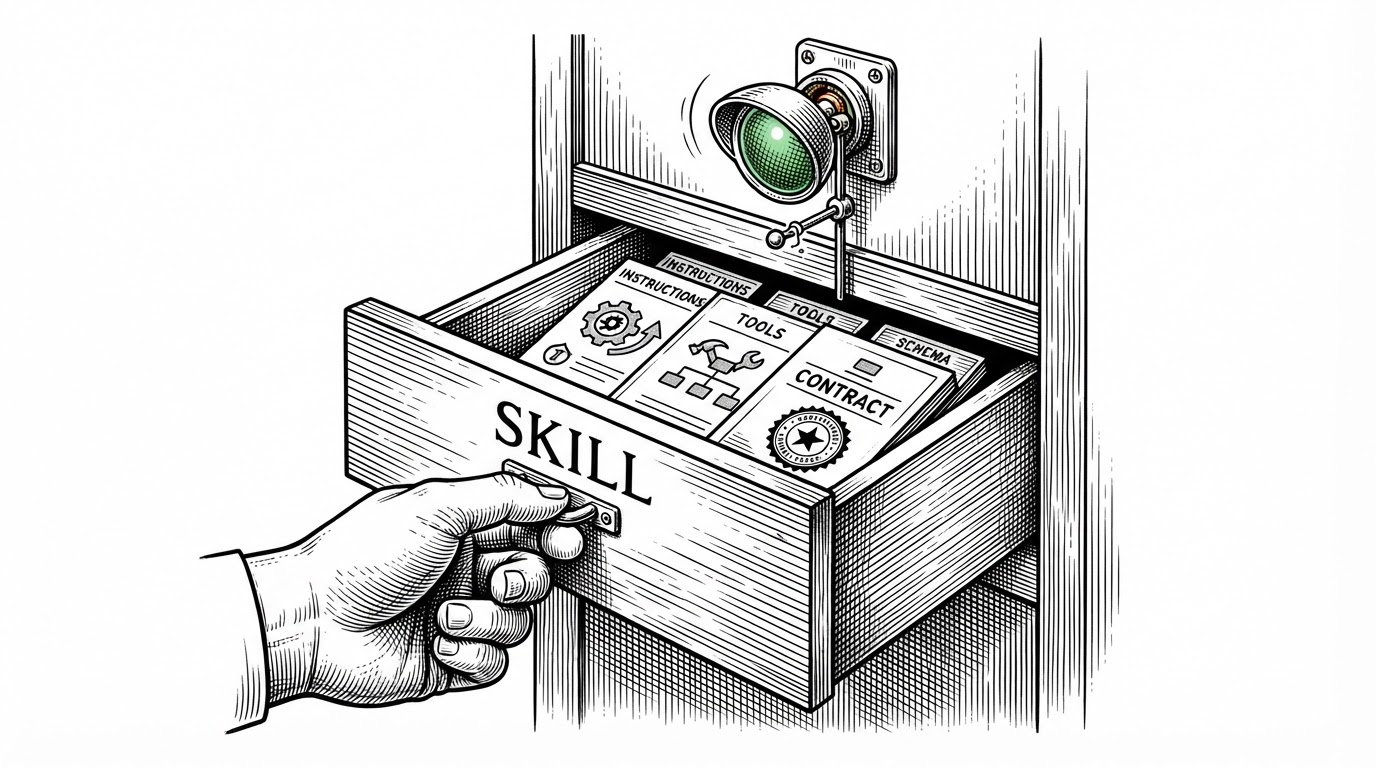 A close-up of a drawer labeled Skill being opened to reveal stacked cards for instructions, tools, schema, and contract rules. A small approval light above the drawer changes from amber to green, showing that ZCode treats capabilities as packaged and governed units.