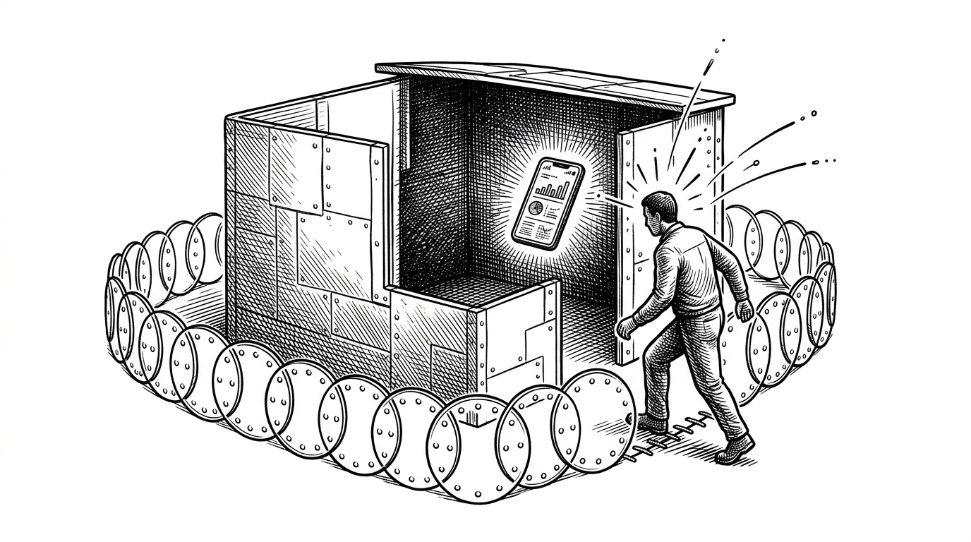 A field office shown in a wide three-quarter view, wrapped by overlapping circular geofences that stitch the perimeter like armor. A phone glows inside the office, while a worker stepping outside triggers a visible boundary ping. The scene explains that GeoAttend is not just a map marker, but a layered enforcement perimeter.