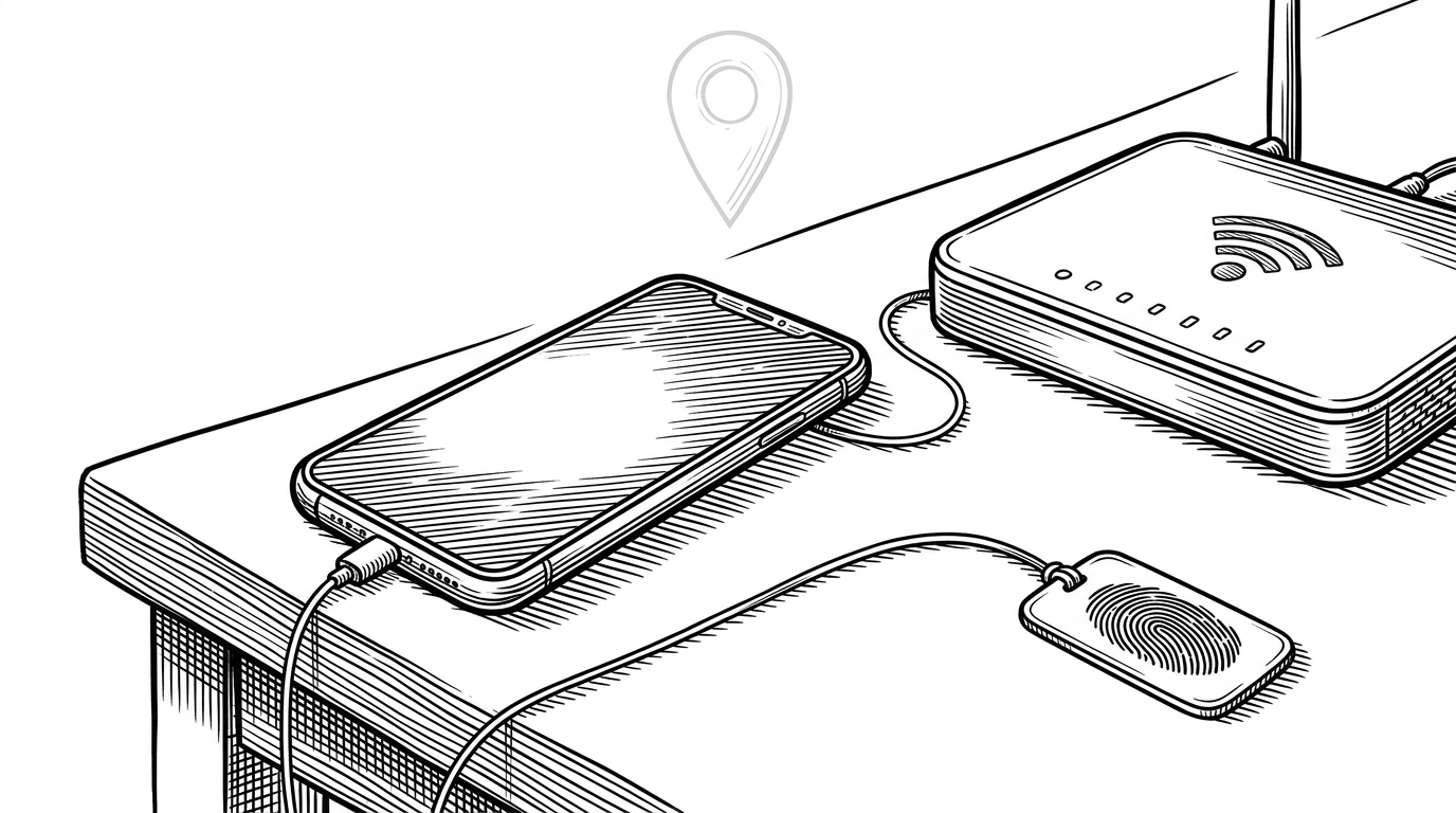 A close-up desk scene with a smartphone, router, and device tag connected by taut threads. A location pin hovers above them, but it is visibly weaker than the Wi-Fi and device links. The image explains that GeoAttend stacks multiple signals instead of trusting GPS alone.