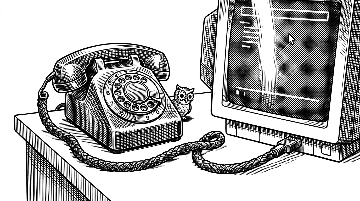 A vintage rotary phone connected to a computer terminal by a glowing fiber-optic cable. This illustrates the concept of bridging legacy voice communication with modern asynchronous AI terminal tasks.
