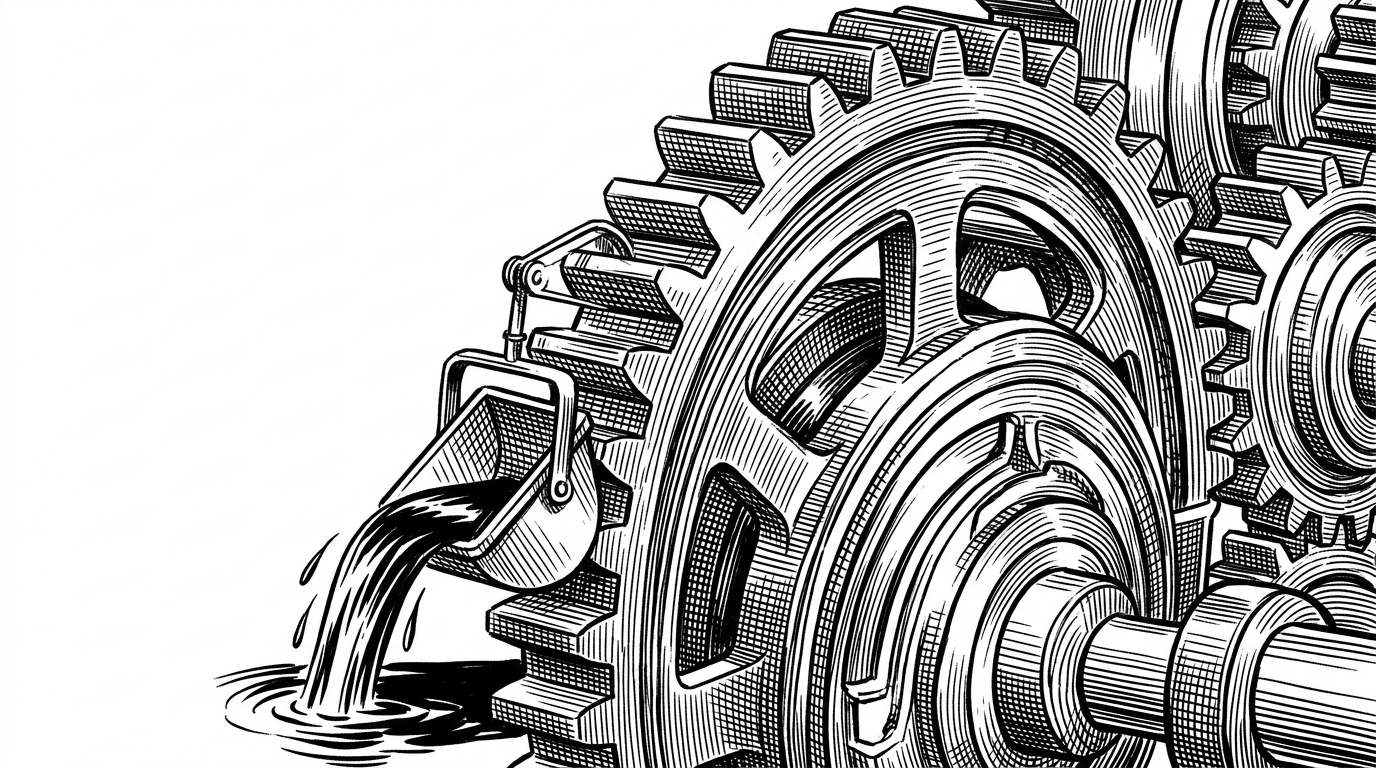A close-up of a mechanical gear system dipping a small bucket into a pool of water, representing a polling loop checking for data.