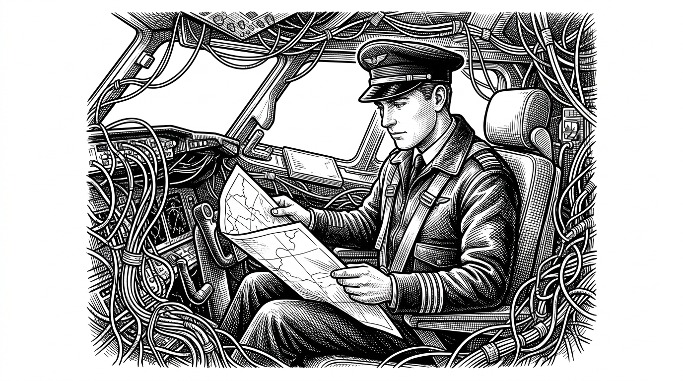 A pilot looking at a clean paper map that simplifies a chaotic, tangled cockpit of glowing wires.