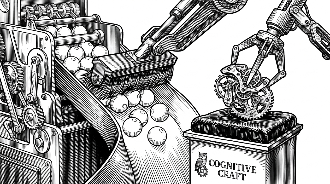 A mechanical sorting machine discarding uniform baubles while carefully preserving complex clockwork gears. This represents the system filtering out engagement bait to focus on high-signal engineering content.