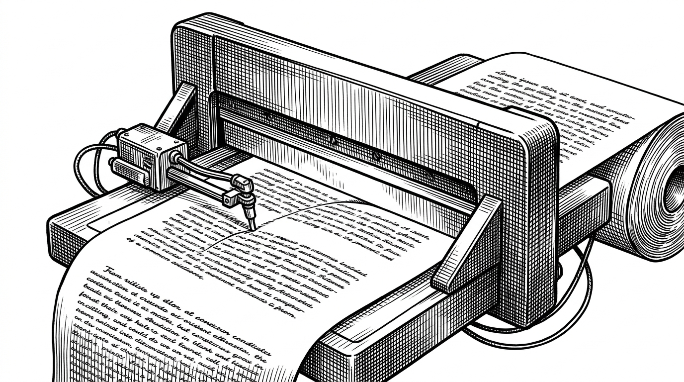 An industrial paper-cutting guillotine poised over a continuous roll of printed text. A mechanical sensor arm feels the gaps between paragraphs, ensuring the blade only falls on blank whitespace.