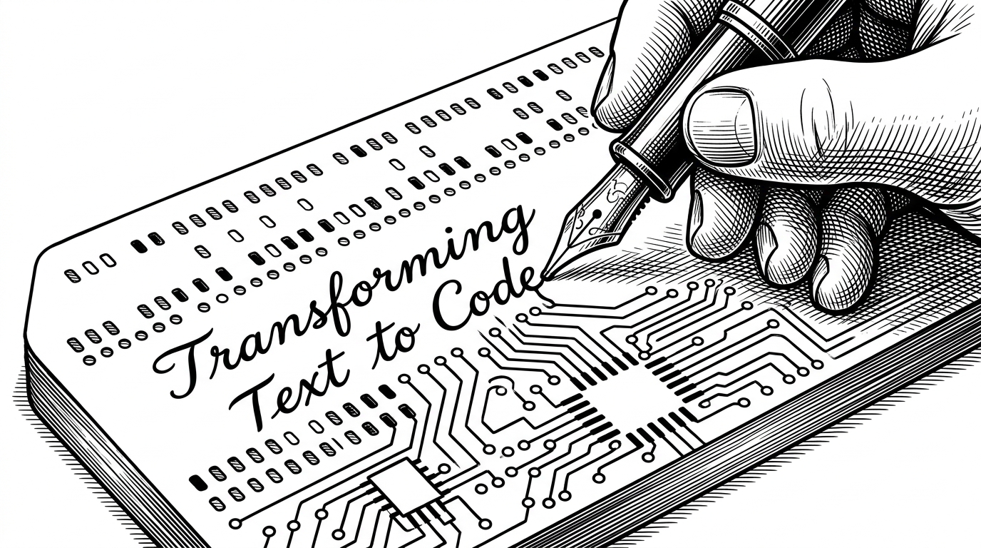 A close-up of an ornate fountain pen writing cursive English text onto a paper punch card. The wet ink seamlessly transforms into glowing, rigid circuit board traces.