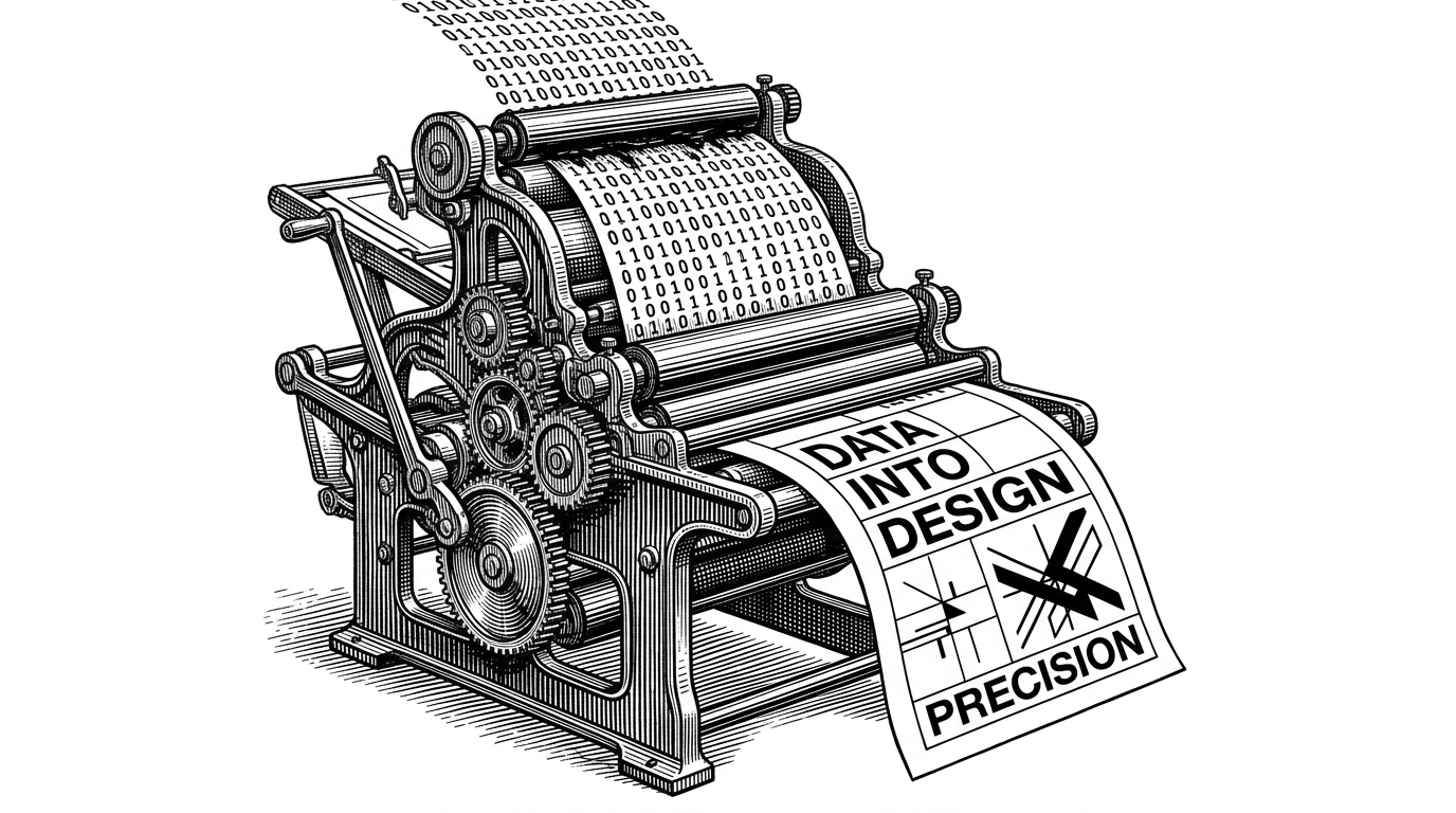 A vintage printing press ingesting a stream of digital code and outputting a perfectly composed, minimalist Swiss-style poster.
