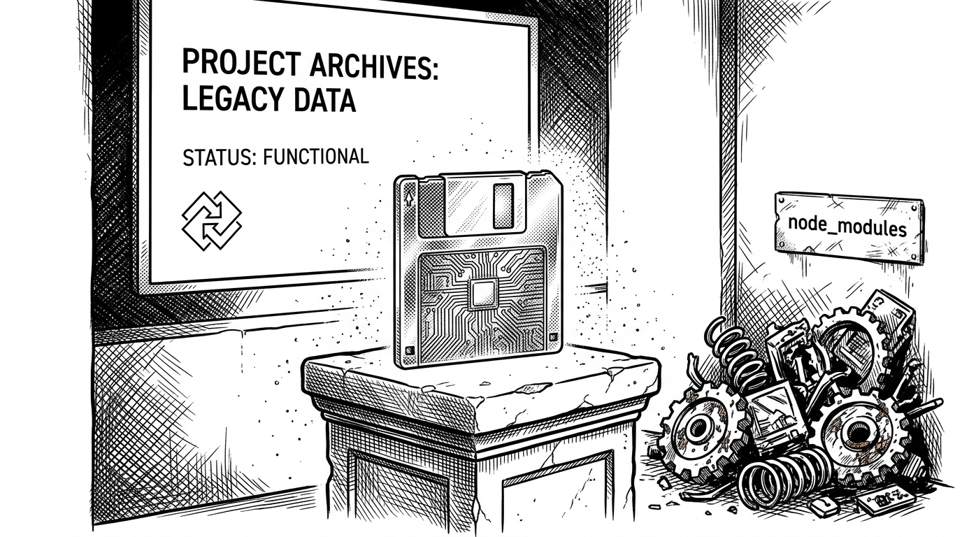 A glowing glass floppy disk sitting in a dusty museum, with a perfectly running presentation on a screen behind it, contrasting with a pile of broken gears labeled node_modules.