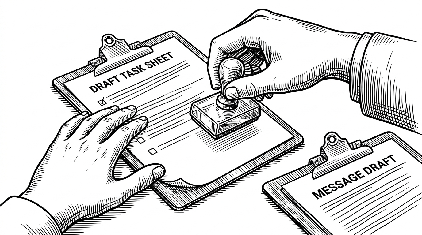 Two hands hold a draft task sheet over a clipboard while a transparent stamp comes down on top of it. The image shows the system pausing at the exact point where human review matters most.