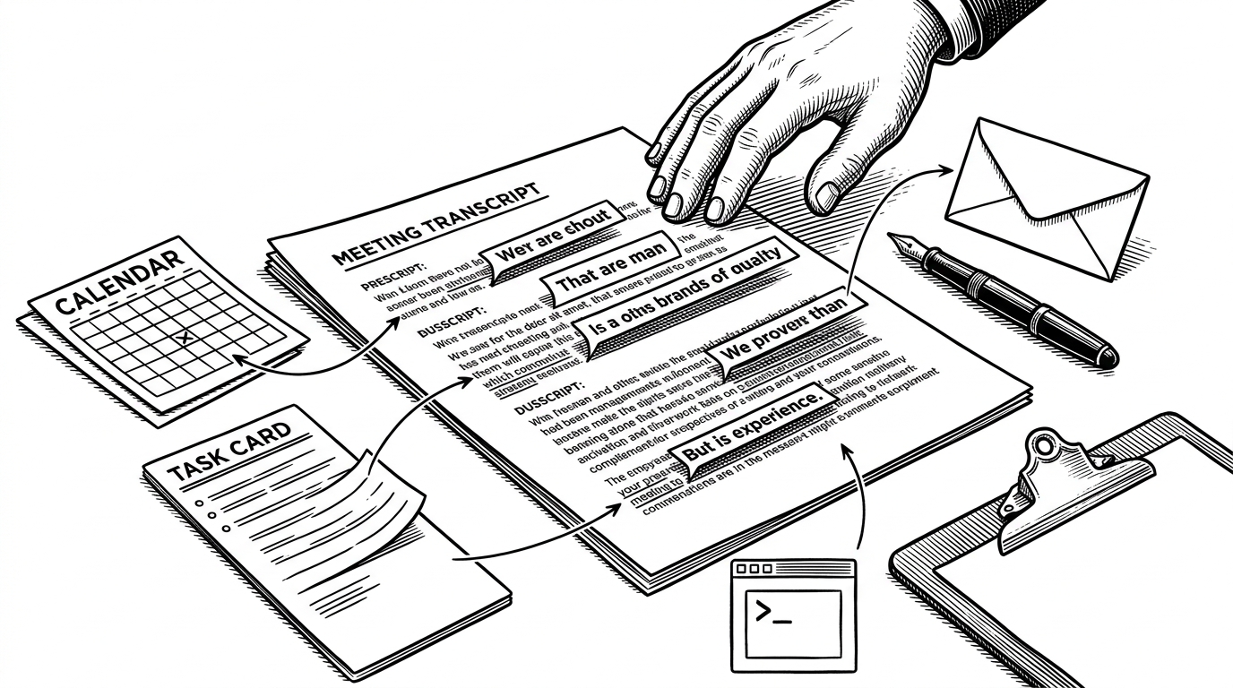 A meeting transcript lies open on a desk while a few highlighted phrases branch into a calendar card, a task card, and a message envelope. The image shows how this repo treats recorded speech as an input stream that can become real work after the meeting ends.