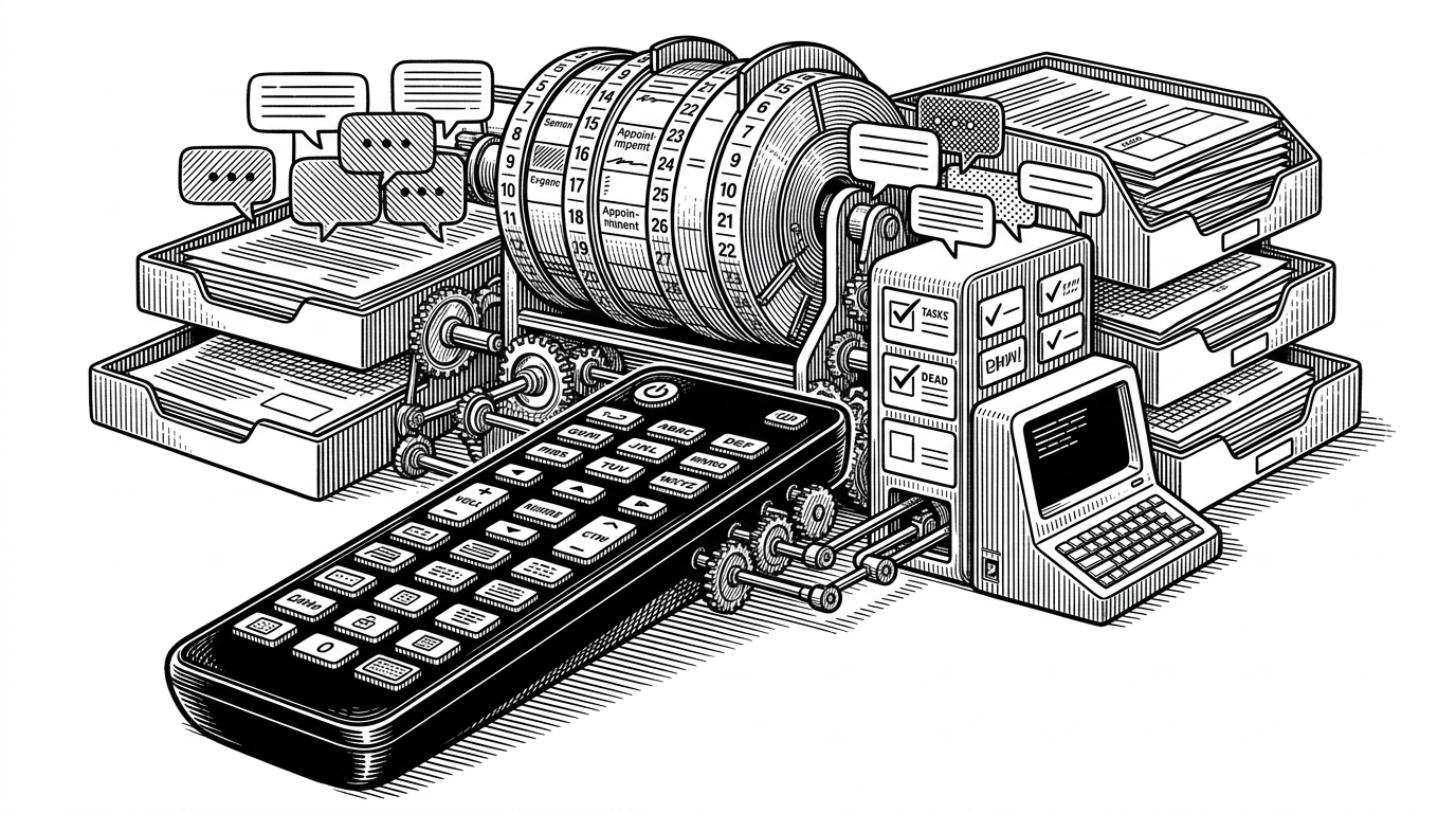 A remote control with many mechanical buttons sends linkages into a larger office machine built from calendar wheels, document trays, chat bubbles, and task slots. The image explains how a small skill can steer a broad platform without owning the whole stack.