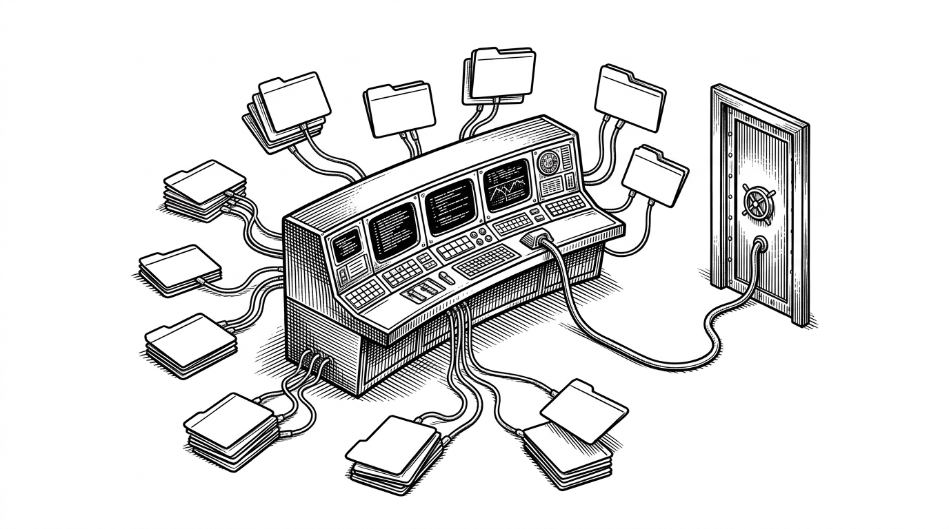A browser command center rendered as a physical control room, with a central New Tab console surrounded by floating tab cards and a cable running into a locked browser vault. It explains that Tab Out turns the browser’s New Tab page into a privileged control surface rather than a passive landing page.