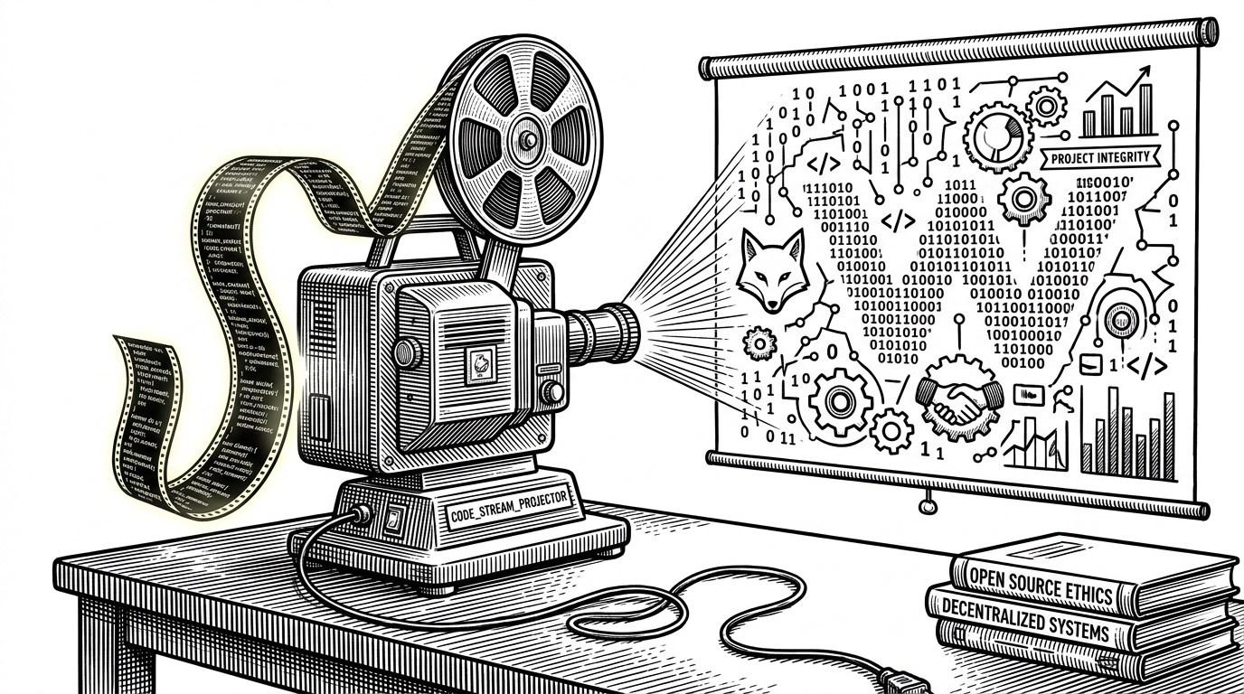 A vintage film projector projecting a continuous scroll of code onto a screen, illustrating the concept of code as a cinematic medium.