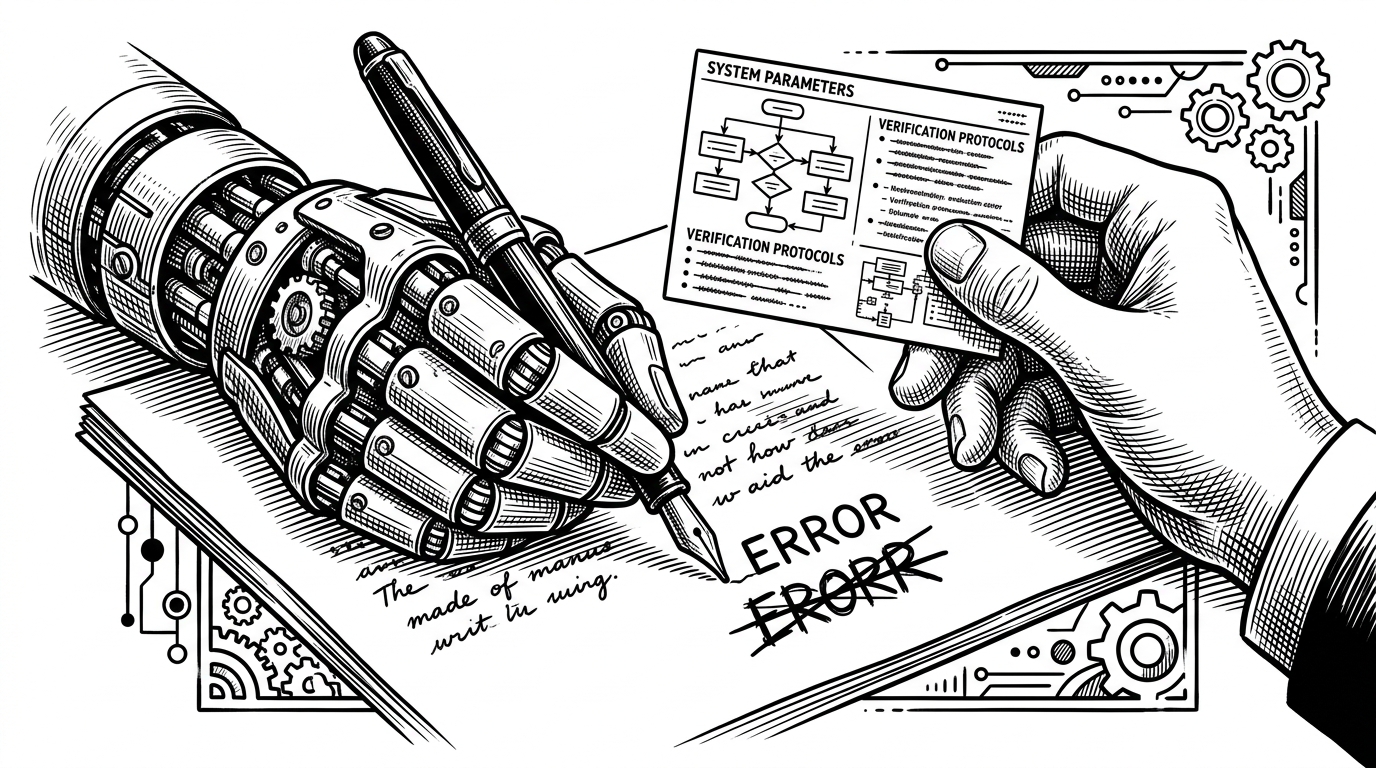 Two hands working on a manuscript. A mechanical hand writes with a pen while a human hand holds up a reference index card. This visualizes the use of a video description as ground-truth context to guide the LLM.