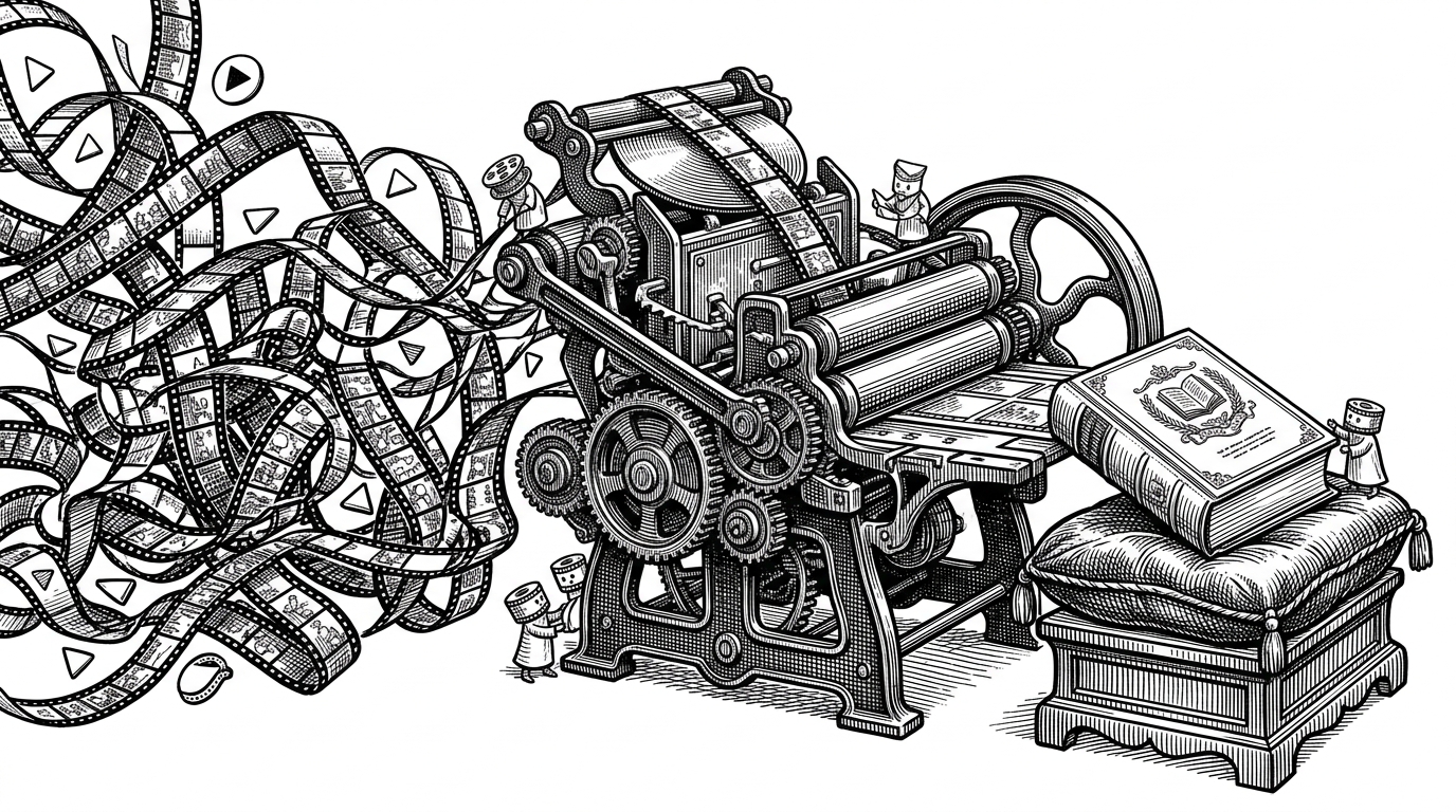 A chaotic web of film strips feeding into a mechanical printing press that outputs a perfectly bound book. This illustrates the transformation of noisy video media into quiet, structured text.