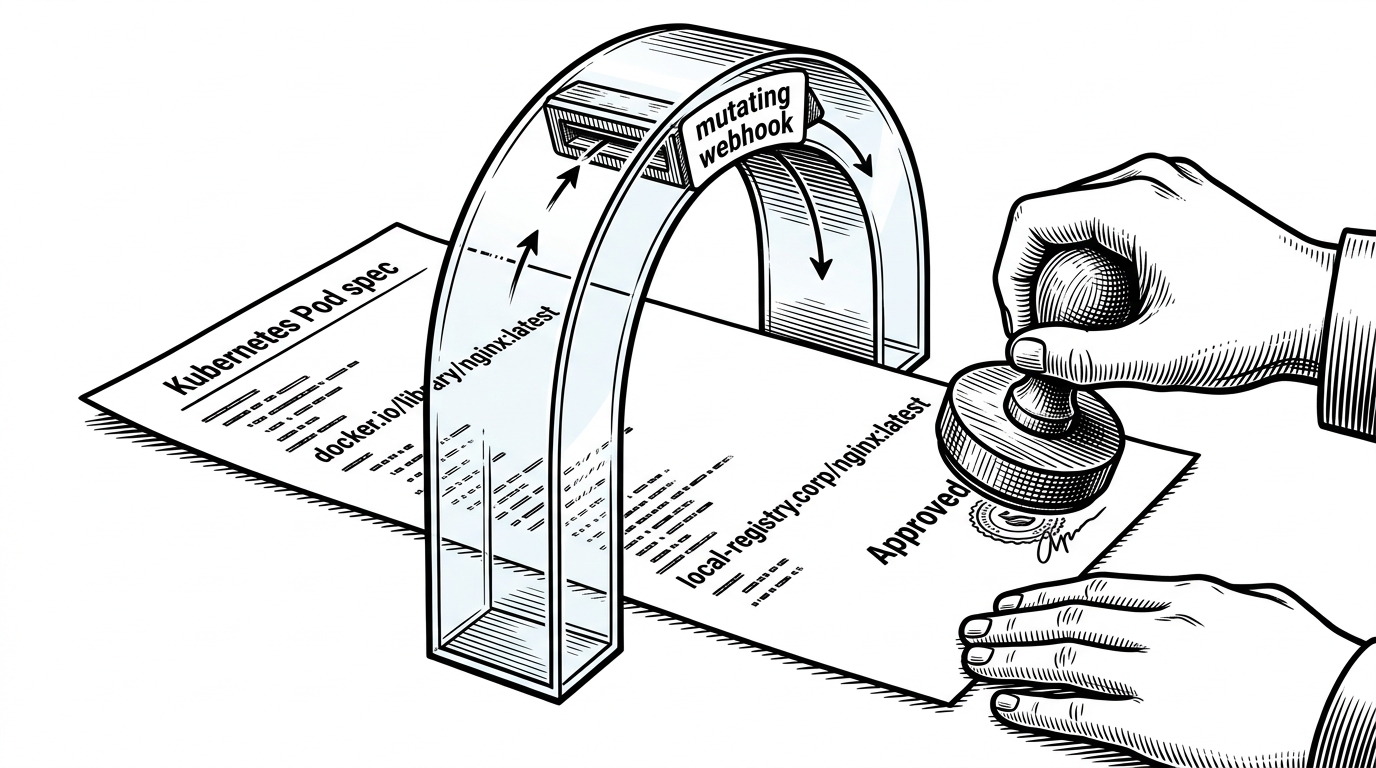 A paper Kubernetes Pod spec is intercepted by a transparent gate. On one side, the image reference points to a public registry. On the other side, the same line is rewritten to a local registry address. Tiny arrows show the request passing through a mutating webhook into an internal registry pipeline, while a hand stamps the manifest approved. The image explains how Zarf preserves existing charts while changing where their dependencies come from.