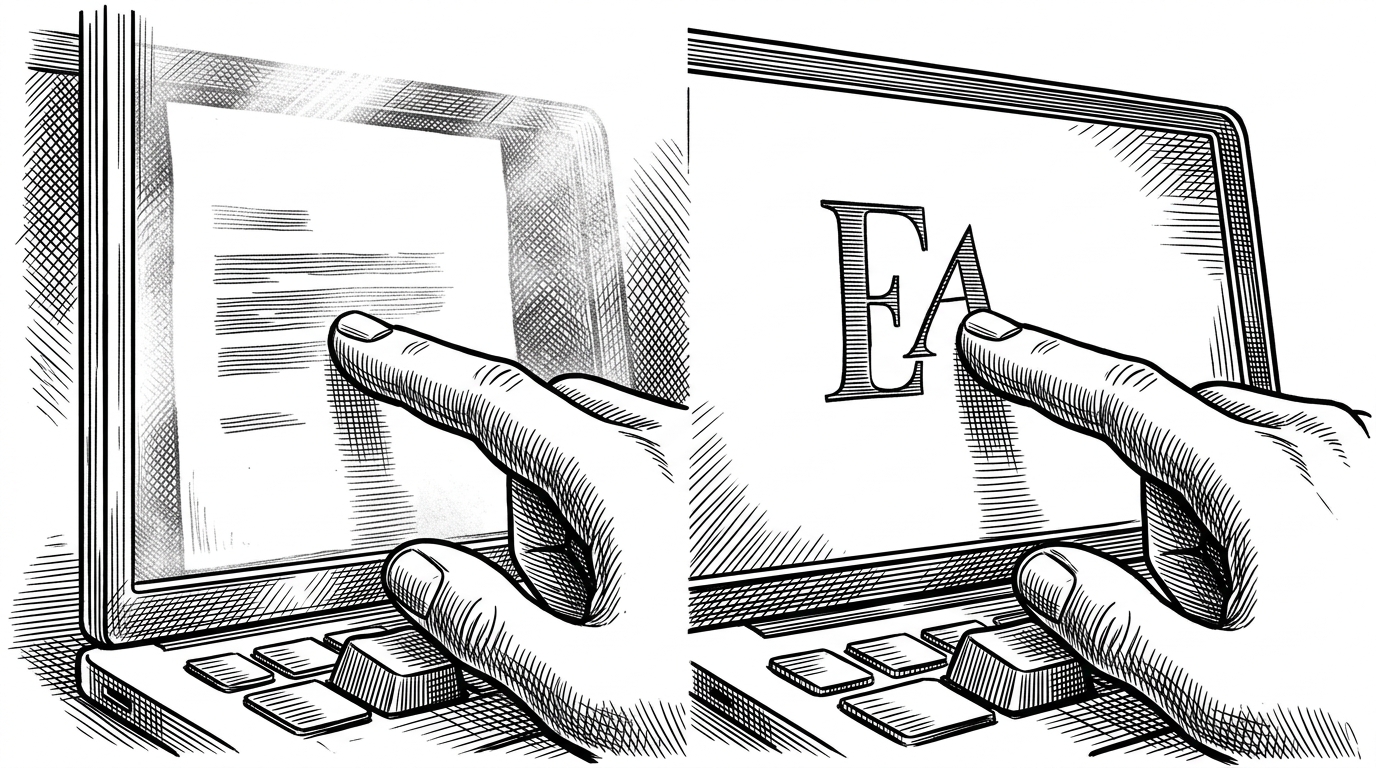 A close up illustration of a finger pressing a keyboard key. On the left side, the resulting letter appears blurred behind thick glass representing Electron latency. On the right side, the letter is etched sharply and immediately into the screen, representing Zed's instant rendering.