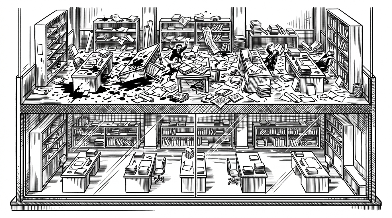 A cross-section of a two-story room. The top floor is chaotic with spilled ink, while the bottom floor is a pristine, identical reflection separated by thick glass. This represents Ophion's isolated Host CR3 memory space.