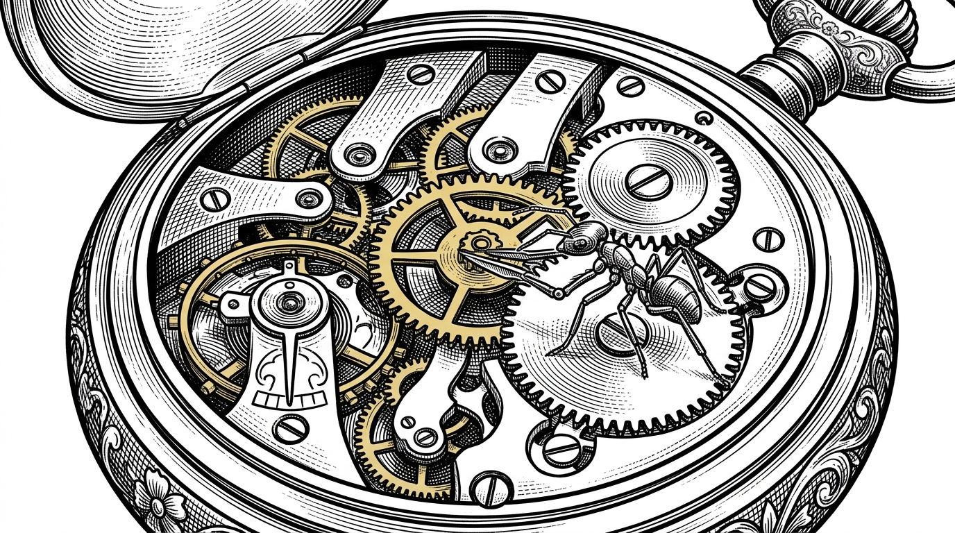 A dense mechanical pocket watch with an open back, showing a microscopic manipulator holding back a core gear. This illustrates Ophion's deliberate manipulation of CPU timing.