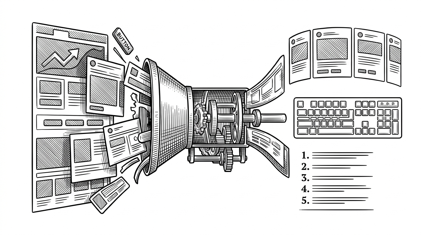 A close-up split composition showing one message being translated into different platform-specific forms. The same intent becomes a carousel on one side, inline buttons on another, and plain numbered text on a text-heavy platform. It explains graceful degradation across mismatched channels.