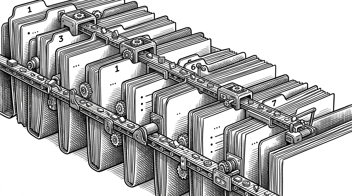 A close-up shows a stack of numbered Markdown pages feeding into a narrow mechanical track. The pages pass through discrete stations, suggesting that the repository works like a procedural pipeline rather than a casual article.