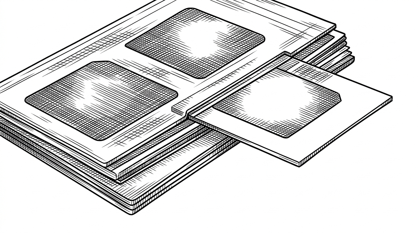 A close-up shows two stacked canvas tiles with a thin empty gap between them. A narrow index strip slides into the gap and a new image tile lands precisely there, while neighboring tiles stay in place. The image explains how stable ordering works without reindexing the whole stack.