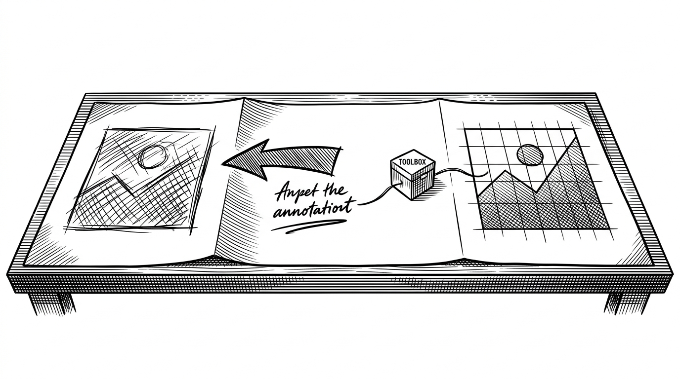 A wide desk-scale scene shows a canvas split into three zones: a rough image placeholder on the left, a red annotation arrow and note in the center, and a cleaned-up image placed neatly on the right. A thin line links the annotation to a small MCP tool box and then to the inserted result, showing how visual intent becomes an edit.