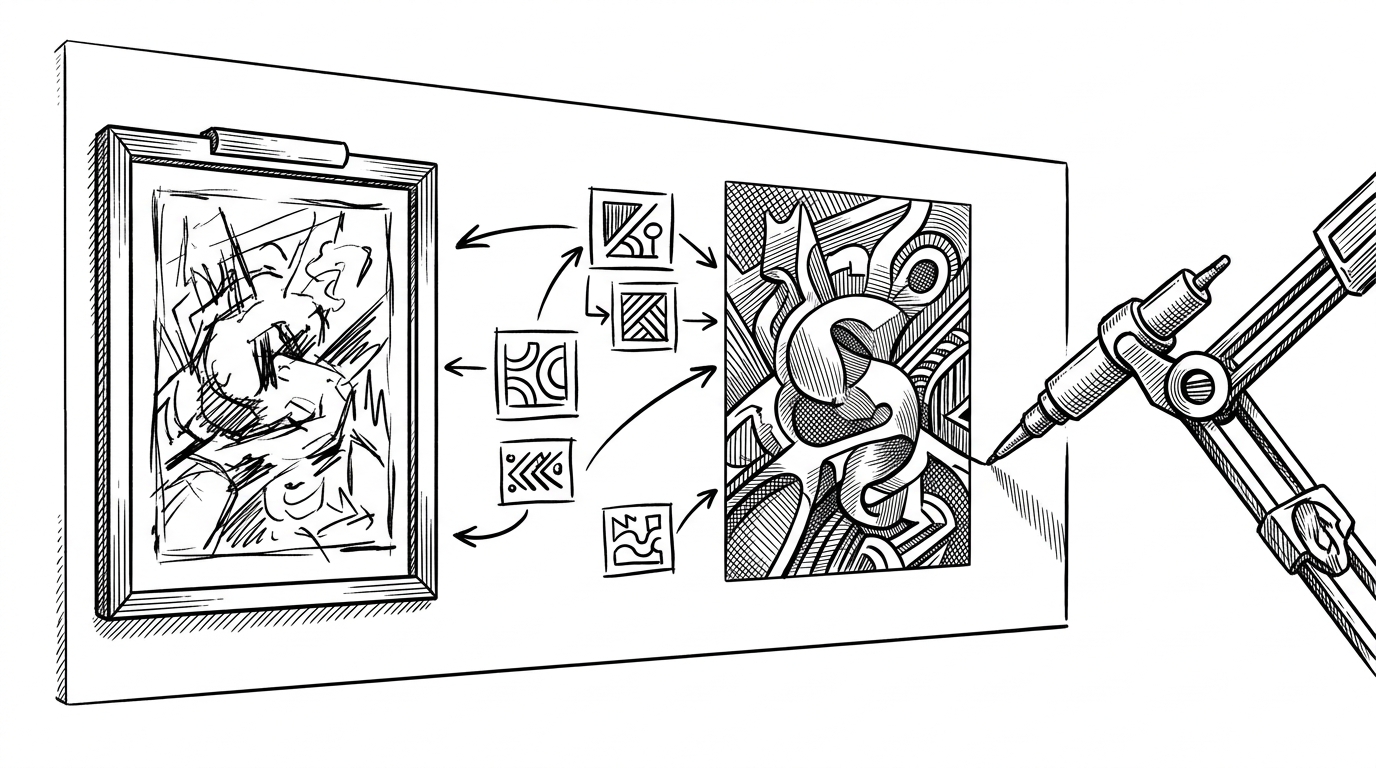 A wide whiteboard scene shows an infinite canvas with image holders, hand-drawn arrows, and before-and-after image pairs arranged in space. An AI tool at the edge of the canvas reads the annotations and produces a revised image beside the original, explaining that the canvas itself is the prompt surface.