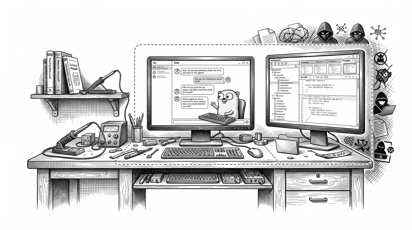 A wide workbench-like scene shows a chat panel in the center, a file tree and Git pane on the right, and a thin security boundary enclosing only one project folder. Outside the boundary, blurred external files and network symbols stay out. The image explains that the agent works inside a controlled workspace, not an unbounded chat app.