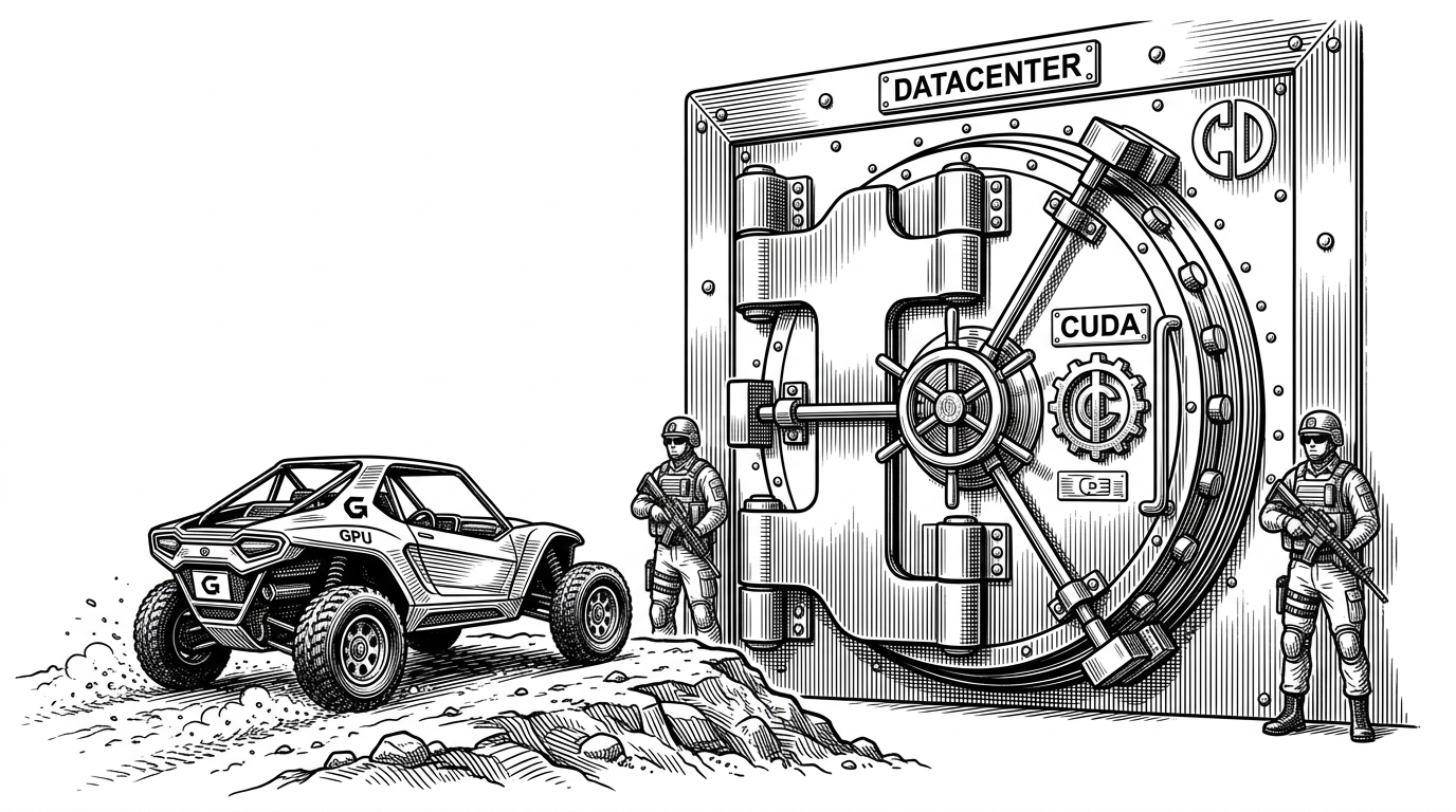 An illustration of a small off-road vehicle bypassing a massive vault door, representing consumer GPUs bypassing datacenter bottlenecks.