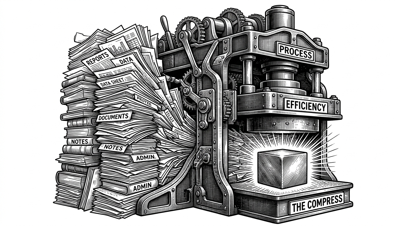 An illustration of a heavy industrial press squeezing a towering stack of paper into a dense metallic cube.