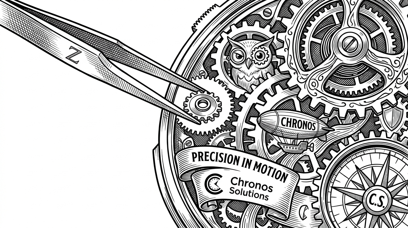 An illustration of jeweler's tweezers placing a microscopic gear into a complex clockwork mechanism.