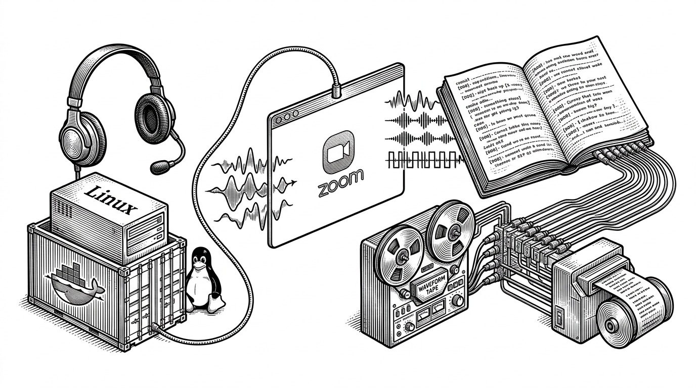 A Linux server box sits inside a Docker container and wears a headset while a Zoom meeting window floats beside it. Audio waves enter one side and raw audio streams exit the other into a transcription pipeline, showing how the sample turns a GUI-first SDK into a background service.