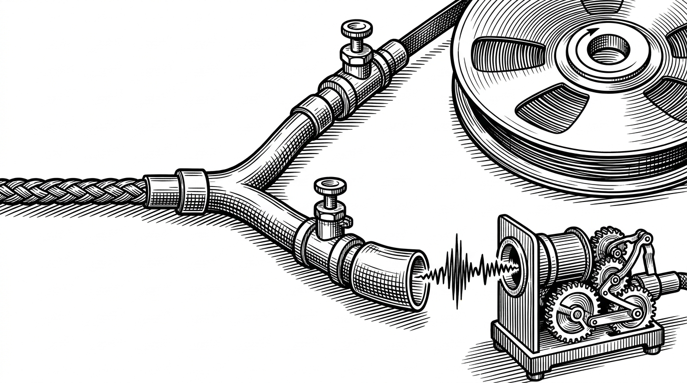 A close-up mechanical switchboard routes one incoming audio line into two branches. One branch goes to a disk spool labeled file write, and the other goes to a socket tunnel feeding a transcription engine, showing how one callback can support both archival and live processing.