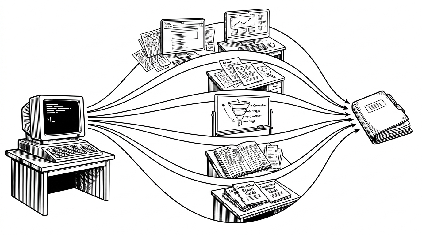 A command-line terminal on the left sends one ad strategy command into a white field where five specialist workstations fan out and then converge into a finished report folder on the right. The scene explains how the repo turns one CLI instruction into a parallel marketing workflow with distinct roles and a single synthesized output.