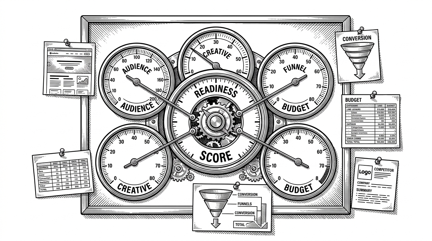 A close-up wall board shows five gauges feeding a central readiness dial, with small evidence slips pinned around the edges. The image explains how the repo turns subjective ad judgment into a weighted score built from distinct marketing inputs.