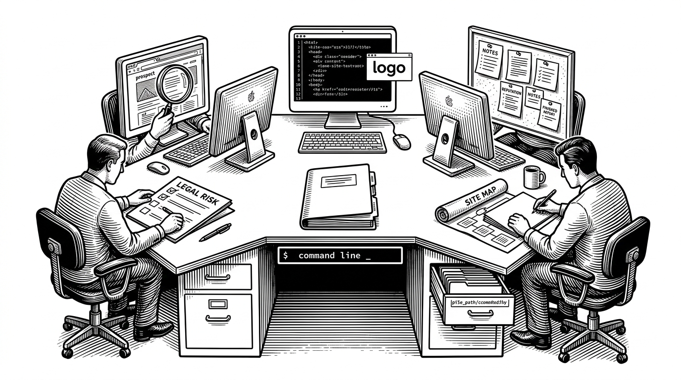 A wide editorial scene of a terminal-driven command center with five specialized workstations orbiting a central briefing file. It explains how one Claude Code command fans out into parallel business work instead of a single chatbot reply.