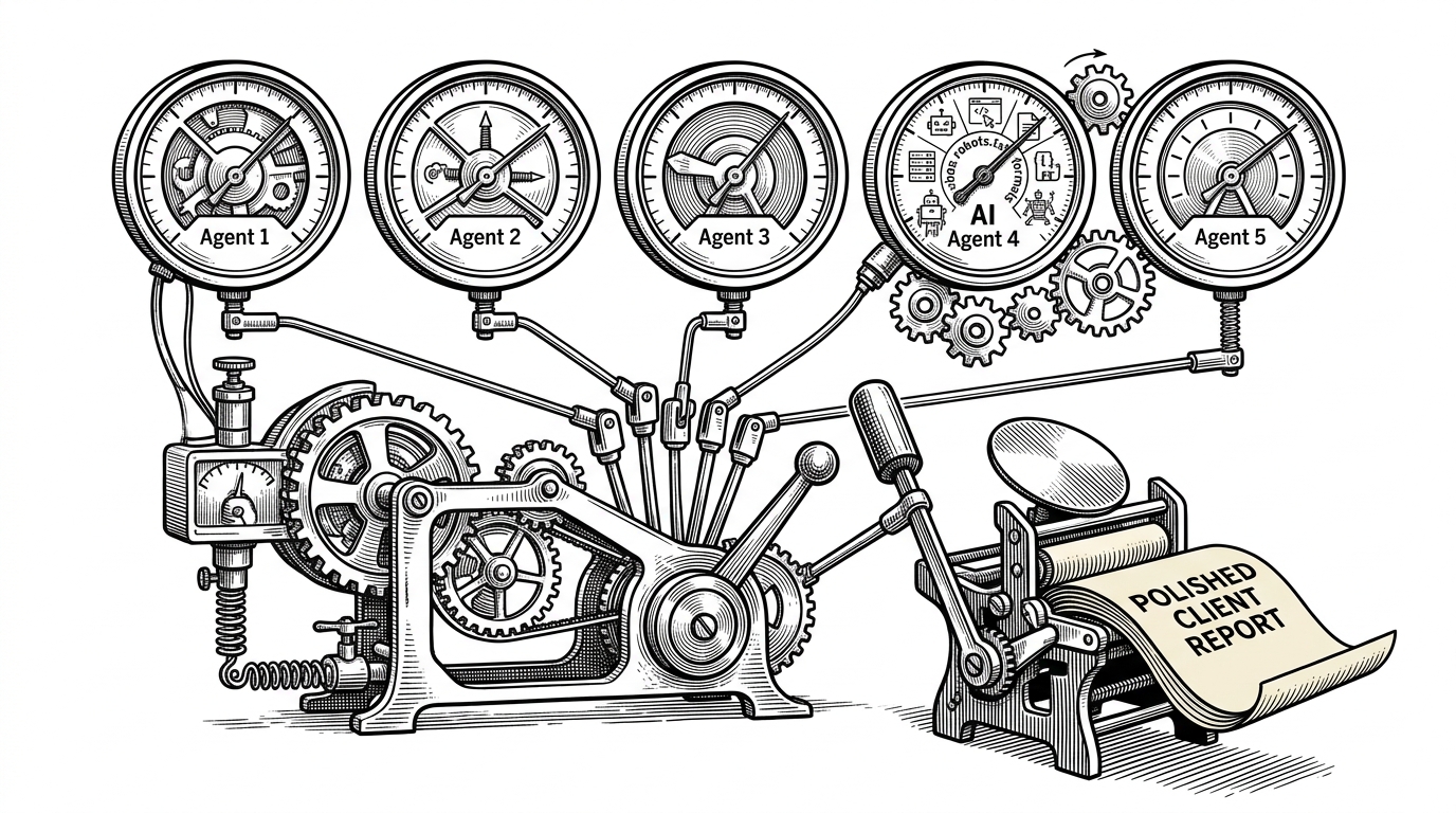 A close-up mechanical scoring machine with five dials feeding one weighted lever, which then stamps out a final report. It explains how specialized agent outputs are reduced into a deterministic composite score before becoming a deliverable.
