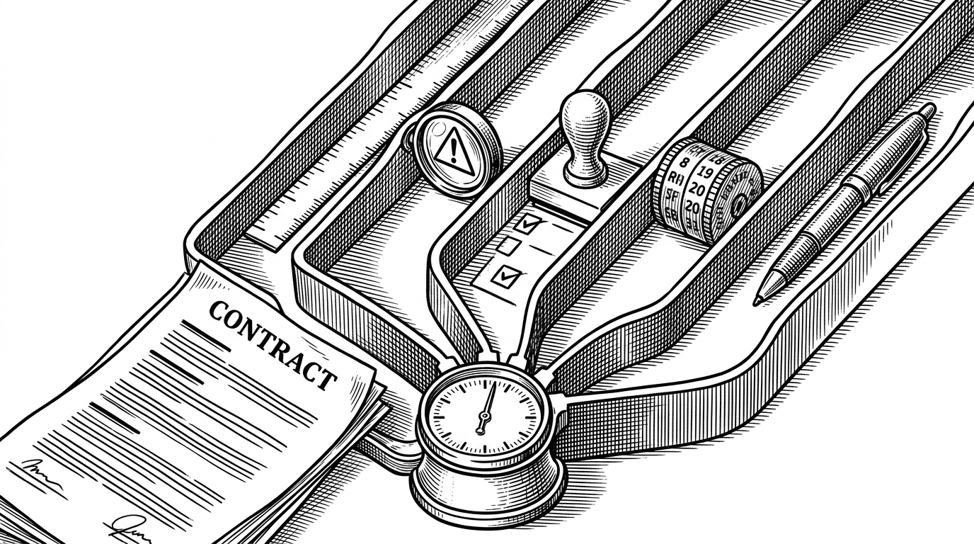 A close-up shows one contract page moving through five narrow inspection lanes, each lane applying a different kind of judgment. The image makes the repo's parallel review model concrete and shows why specialization beats a single generic pass.