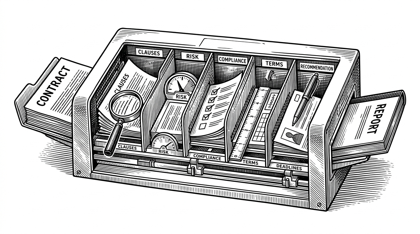 A contract folder feeds a terminal-like machine that splits the work into five specialist channels before recombining it as a report. The image explains the repo's core idea: a directory of Markdown files behaves like an operating system for legal triage.