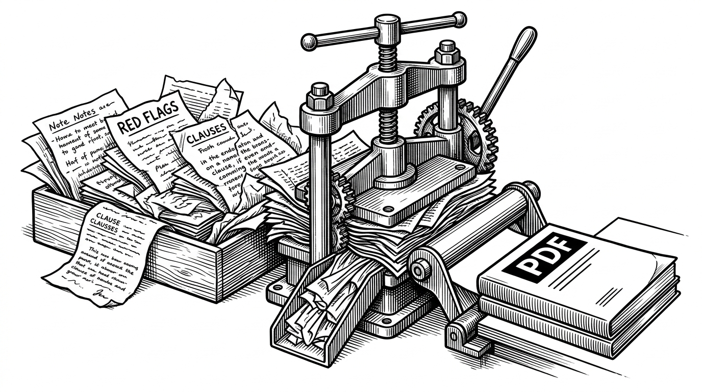 A print-finisher scene shows rough notes and clause fragments entering a press and emerging as a clean report packet. The image explains how the repo turns ephemeral AI output into a formal deliverable that can be shared outside the terminal.