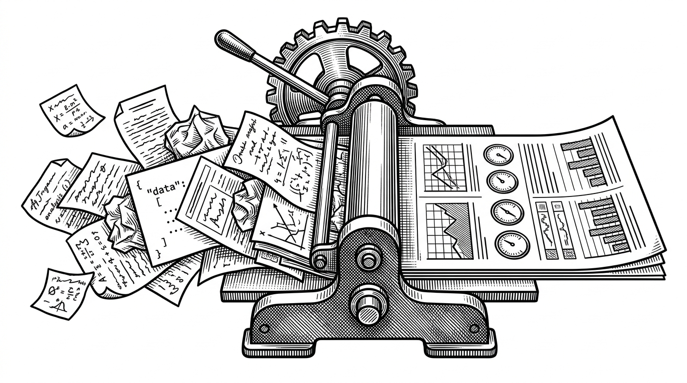 A structured report emerges from a JSON block like a press turning rough notes into a finished page. On one side are scattered page snippets and loose observations, and on the other is a polished report ready for a client handoff.