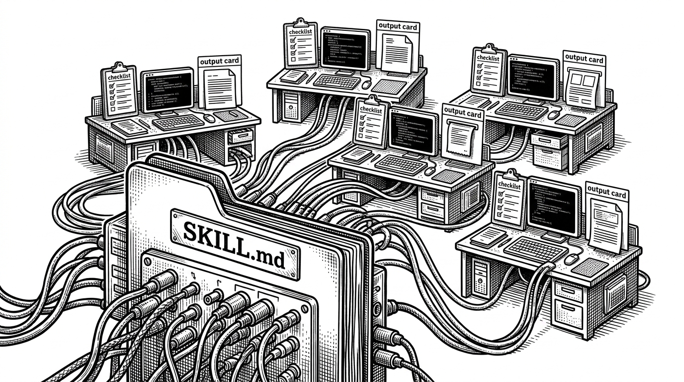 A close-up of a Markdown file acting like a switchboard, with thin lines branching into several specialist workstations. The image explains how routing logic in `SKILL.md` turns one command into coordinated sub-tasks.
