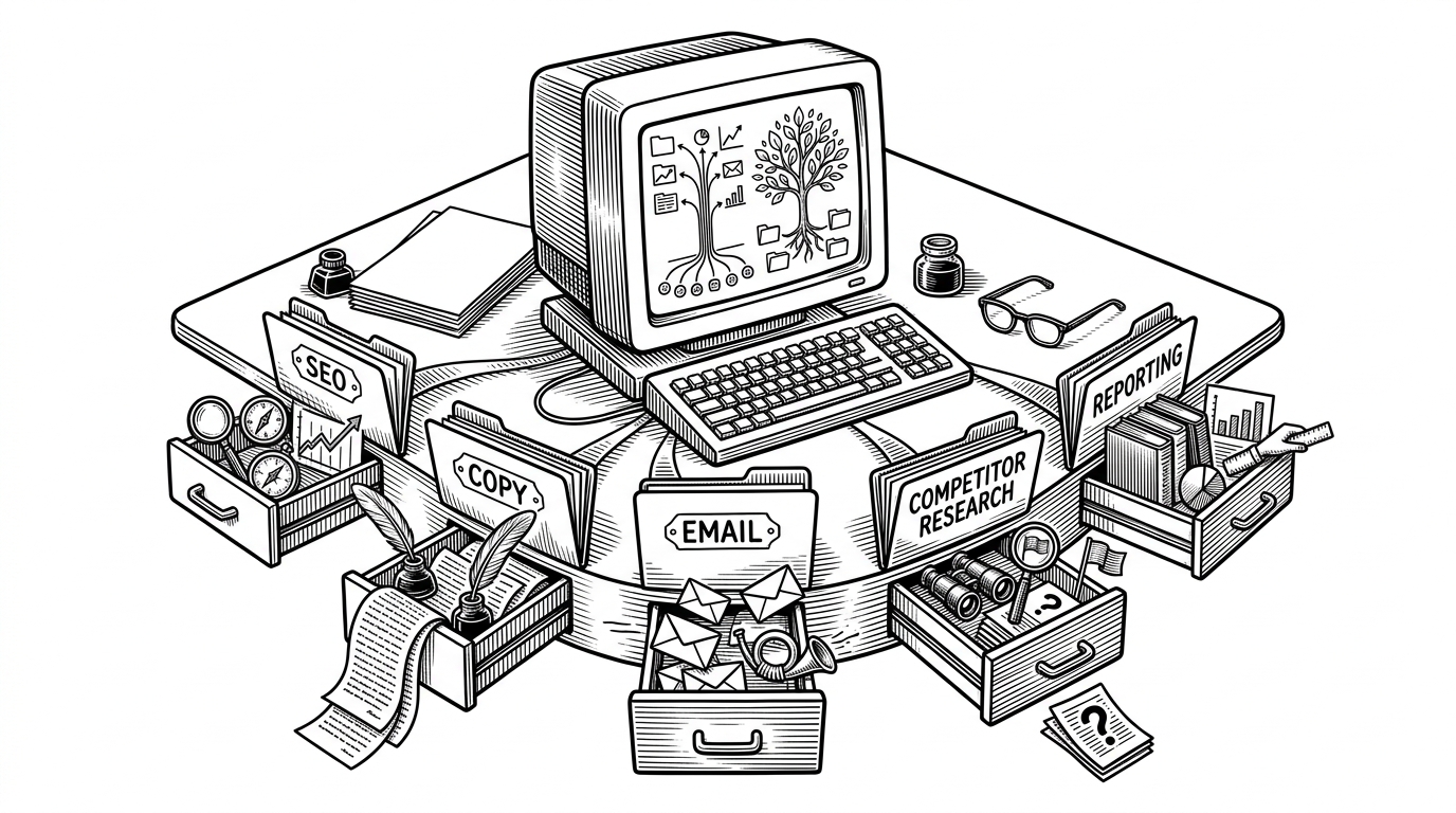 A lone terminal sits at the center of a tidy desk while folders, drawers, and paper workflows fan outward into marketing tasks. The scene explains the article's core idea: Claude Code is being used like a department head that routes work into specialized lanes.