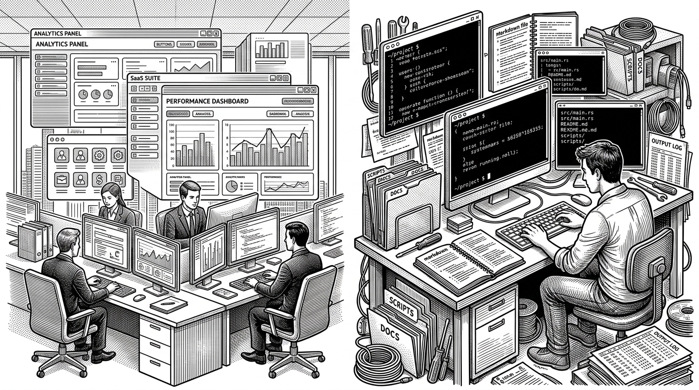 A split scene contrasts polished SaaS dashboards on one side with a terminal-based workshop on the other. The image explains where the repo sits in the market, between packaged software and a custom-built operating system.