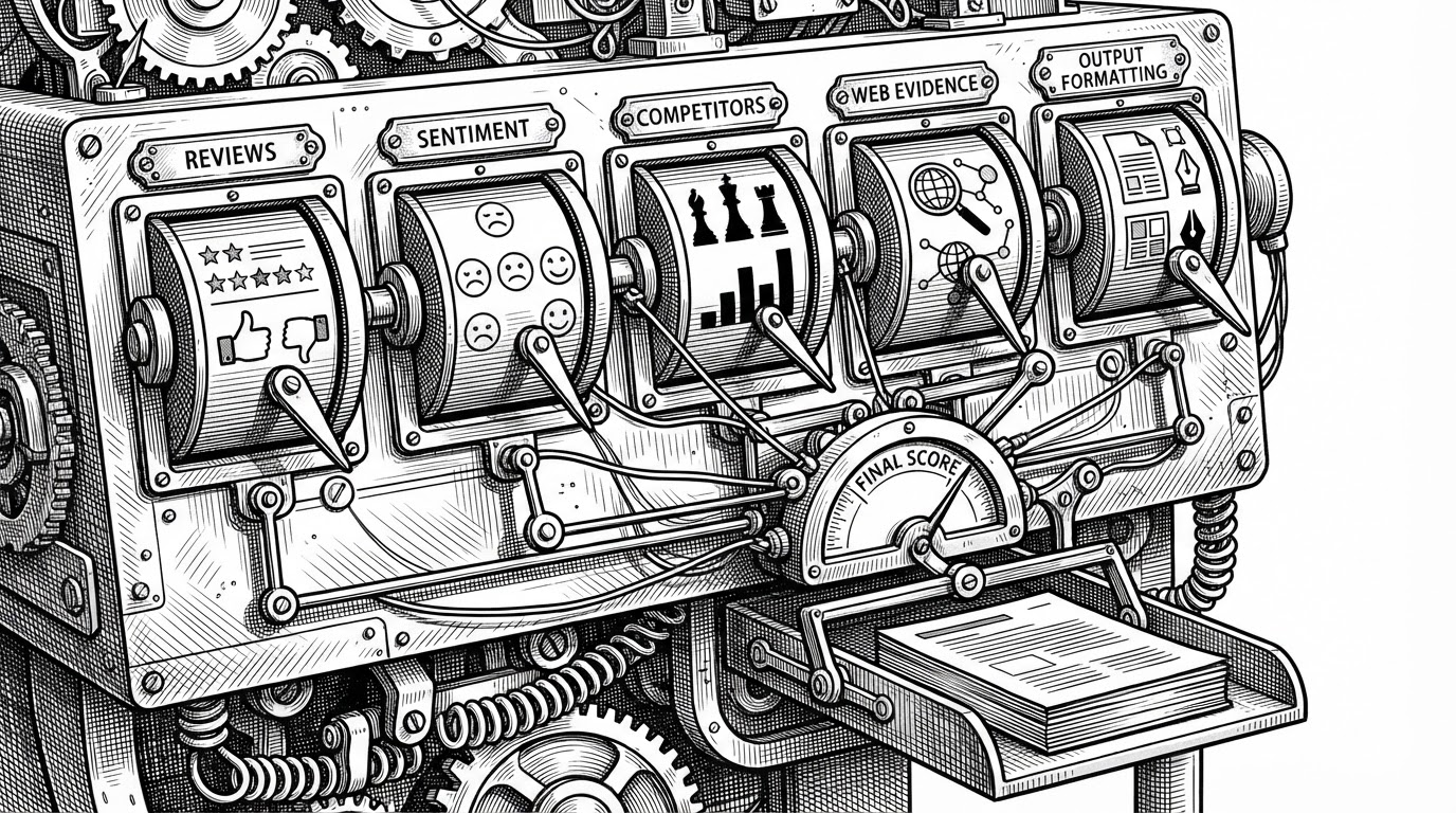 A close-up control panel shows five mechanical dials feeding into one central gauge and a report tray. Each dial represents a specialist agent, such as reviews, sentiment, competitors, web evidence, and formatting. The image explains how parallel work becomes one scored output.