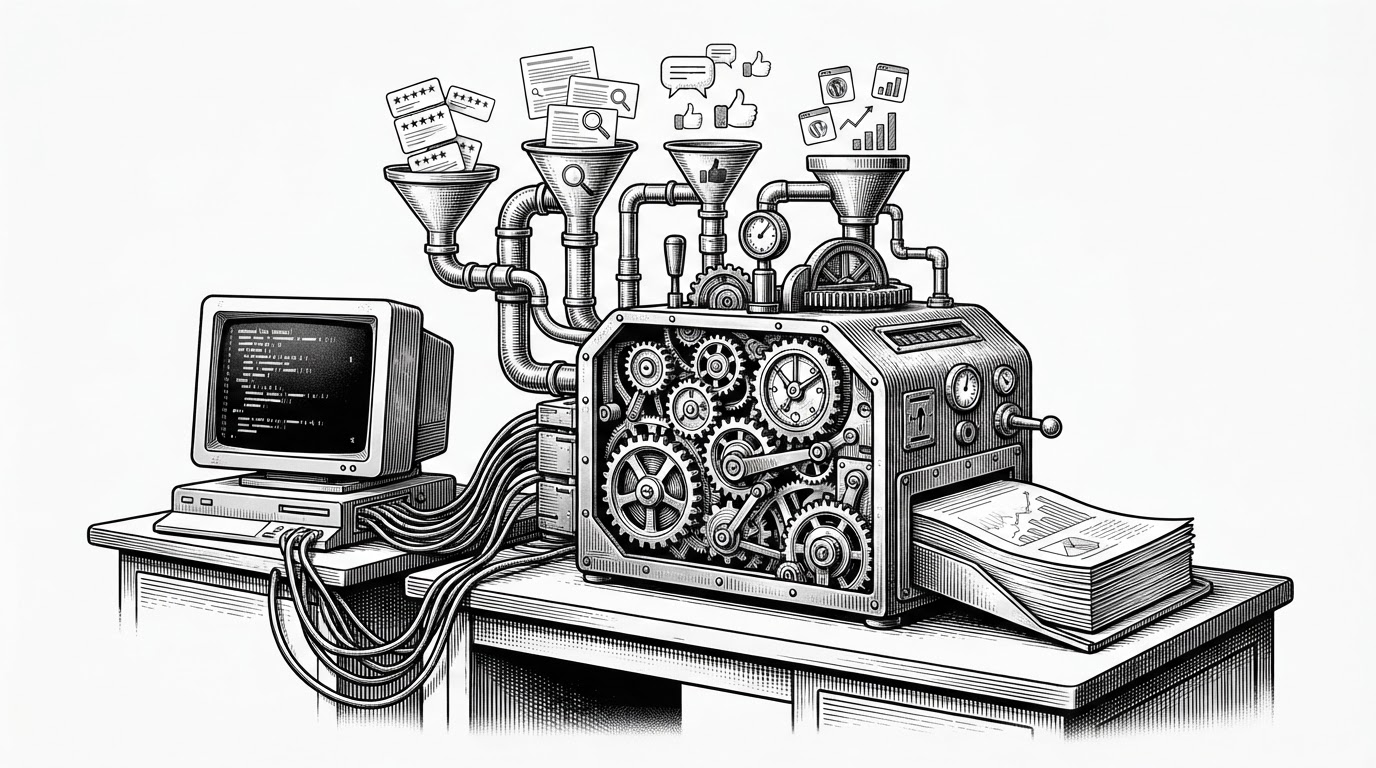 A command line terminal on a desk feeds raw review data, search results, and website signals into a mechanical agency machine. On the other side, a polished report emerges as a finished client deliverable. The image explains how the repo transforms scattered reputation evidence into something a consultant could hand over.