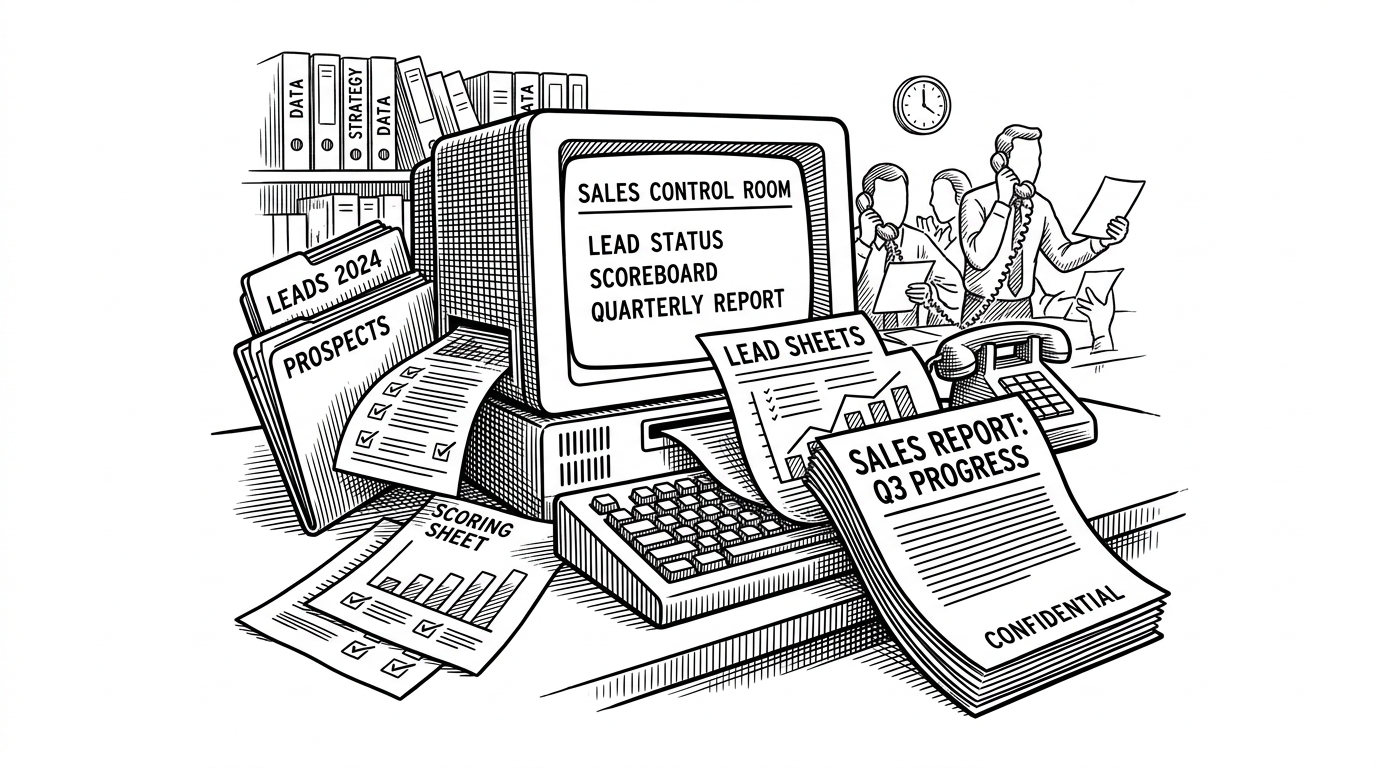 A terminal window sits at the center of a desk like a command console. Paper briefs, contact sheets, and a finished report spill outward from it, showing how a single command can behave like a full sales workflow. The image introduces the repo’s core idea: the terminal is not just where work happens, it is where the sales stack lives.