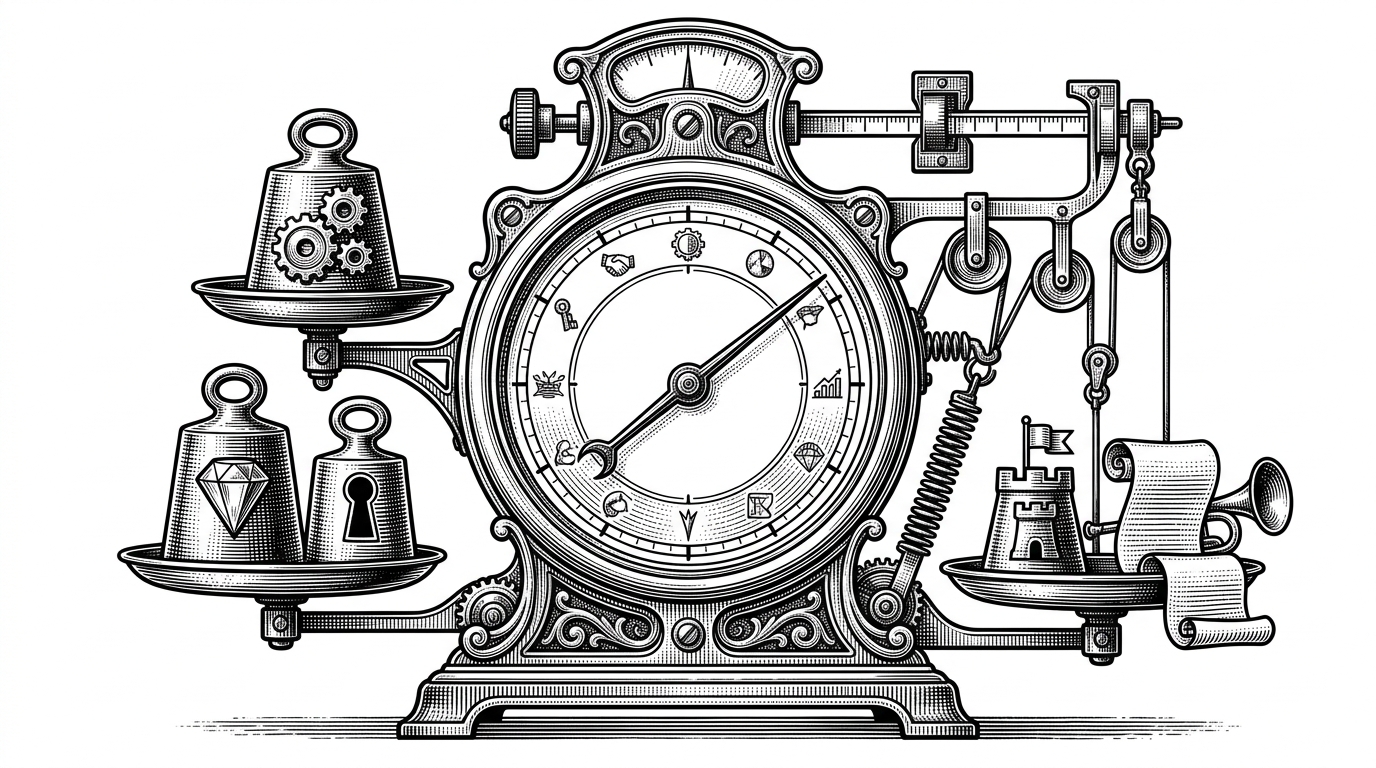 A close-up mechanical gauge balances several labeled weights around one central score needle. Five inputs pull on the mechanism from different directions, showing how separate evidence buckets combine into a single prospect score. The illustration explains that the repo turns scattered signals into one decision-ready number.