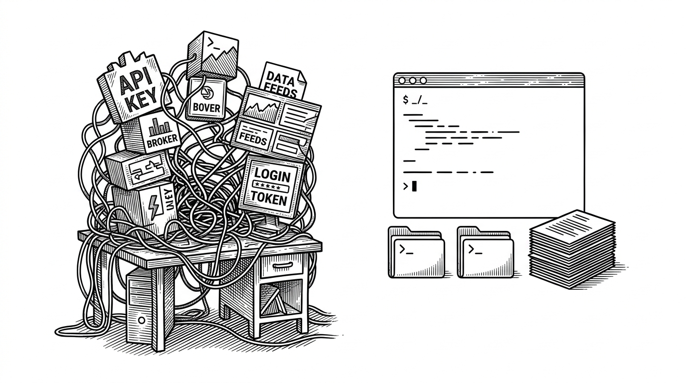 A close editorial comparison of two research paths. On one side, a bulky stack of APIs, credentials, and services crowds a desk; on the other, a single web-search brief and a few prompt folders sit in a clean workflow. The contrast explains why the repo lowers friction and shifts the data source from paid endpoints to the open web.