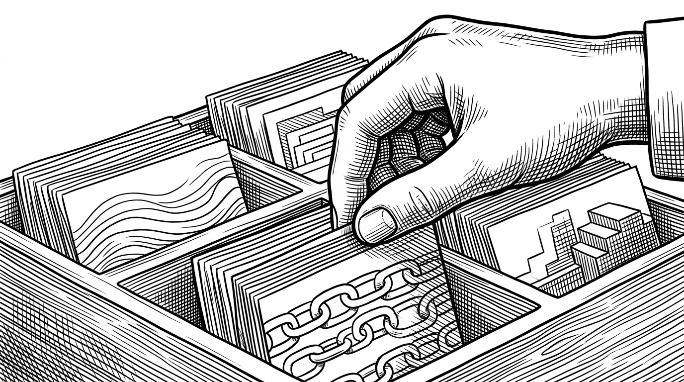 A close-up of a hand sorting index cards into distinct stacks on a white desk. It explains how the repository turns scattered experiments into organized practice lanes.